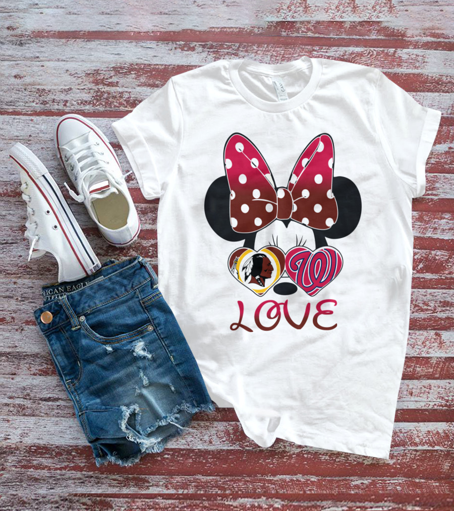 Minnie Mouse Love Washington Nationals Redskins Iconic Bow Hearts T-Shirt
