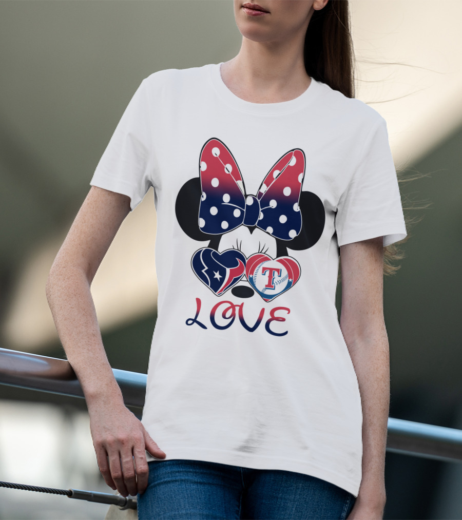 Minnie Bow Love Texans Rangers Hearts T-Shirt