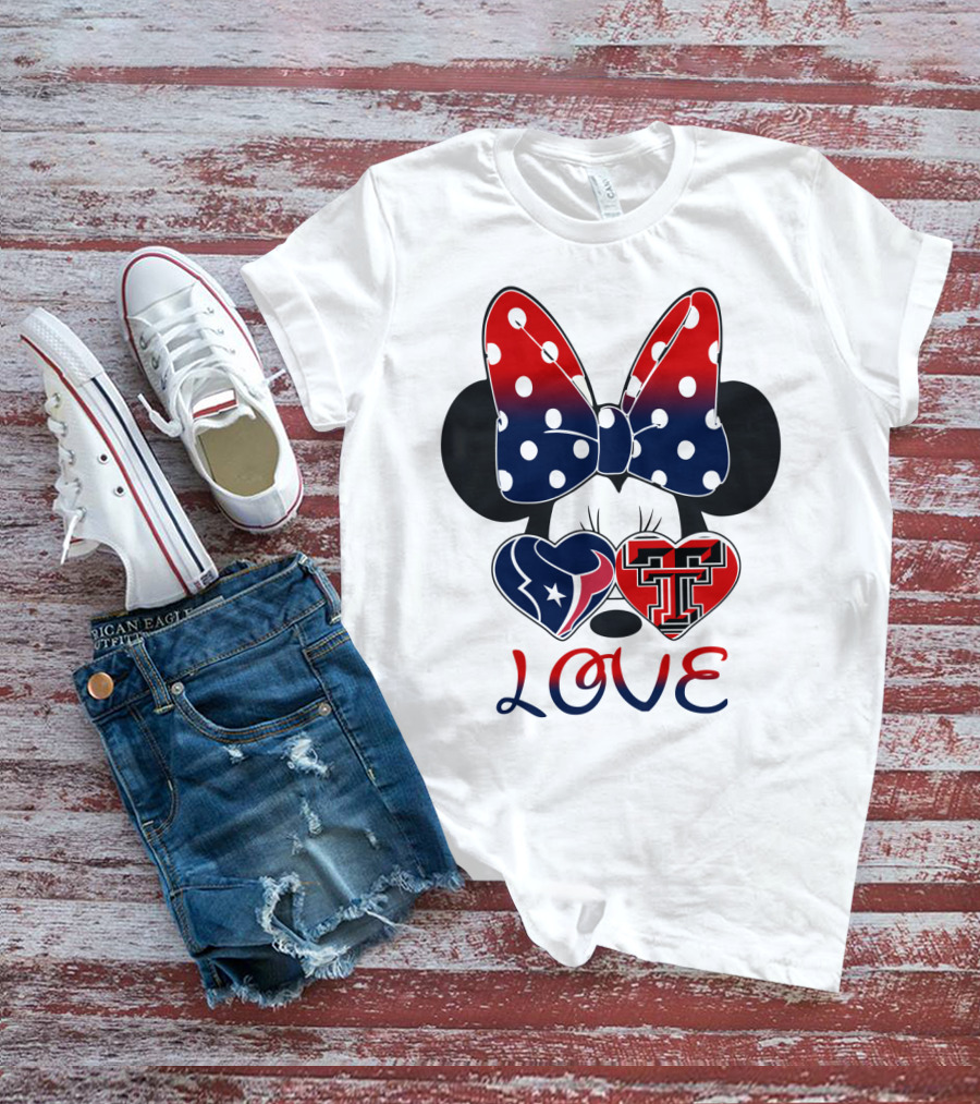 Minnie Mouse Love Texans And Texas Tech Hearts Bow T-Shirt
