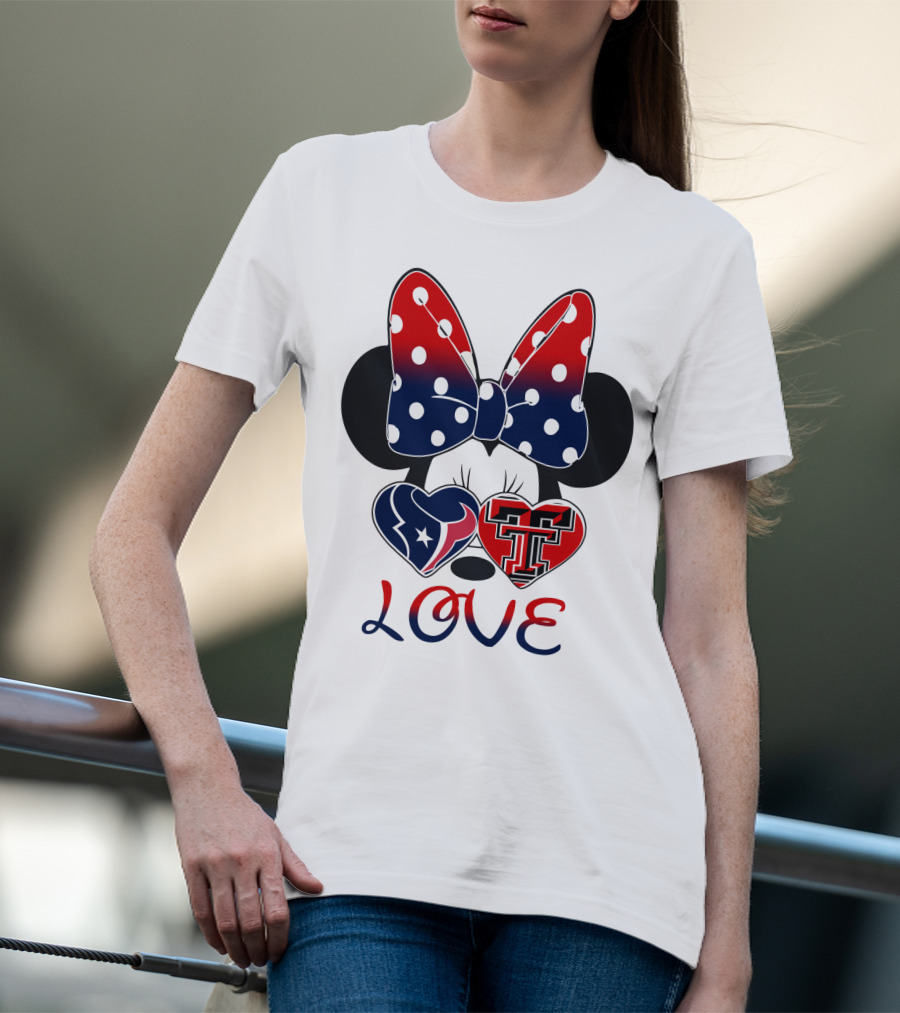 Minnie Mouse Love Texans And Texas Tech Hearts Bow T-Shirt