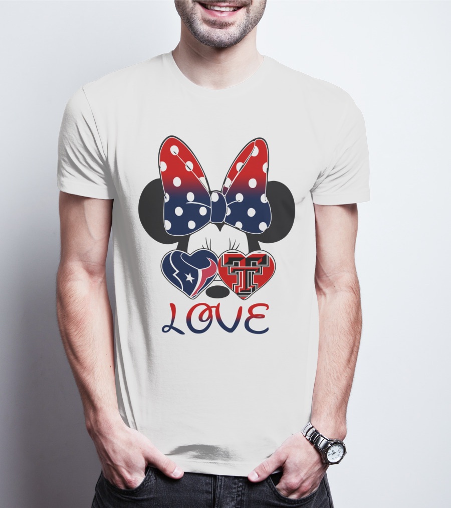 Minnie Mouse Love Texans And Texas Tech Hearts Bow T-Shirt