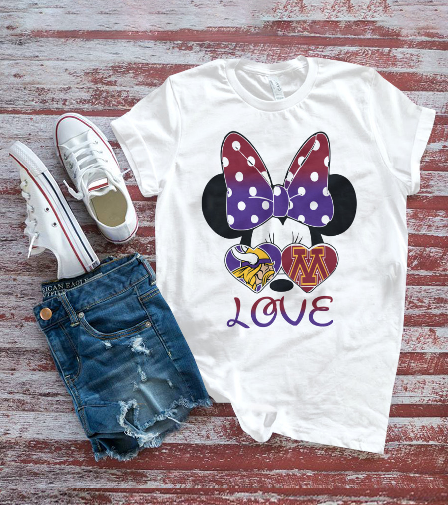 Minnie Mouse Bow Love Vikings Minnesota U Logo Hearts T-Shirt