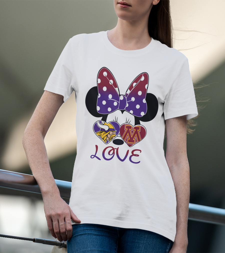 Minnie Mouse Bow Love Vikings Minnesota U Logo Hearts T-Shirt