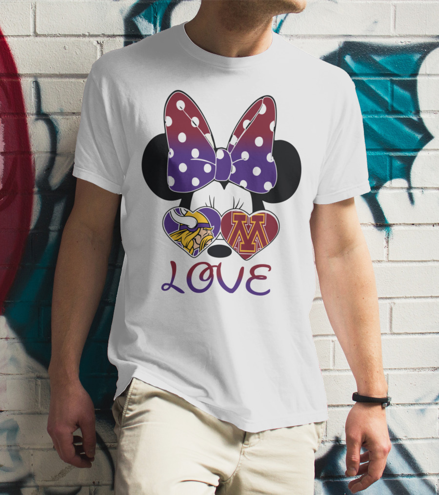 Minnie Mouse Bow Love Vikings Minnesota U Logo Hearts T-Shirt