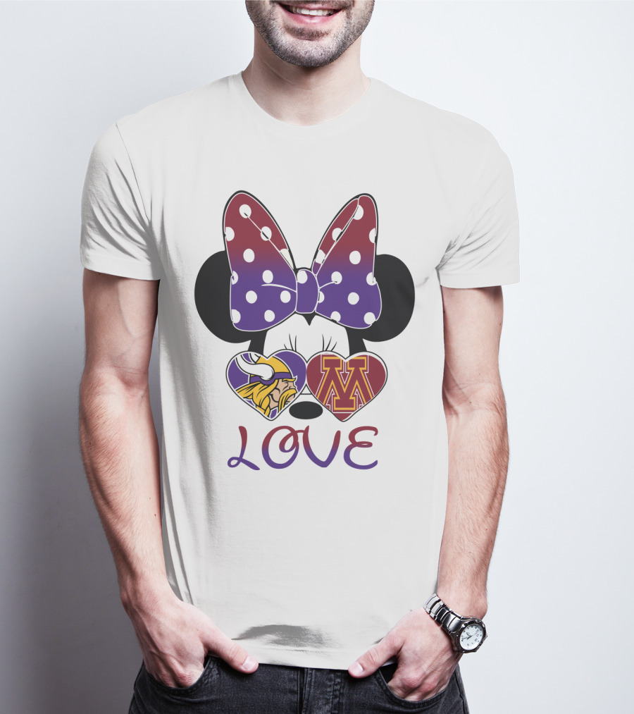 Minnie Mouse Bow Love Vikings Minnesota U Logo Hearts T-Shirt