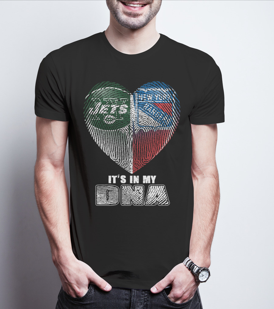 New York Jets And Rangers It's In My Dna Heart Fingerprint T-Shirt