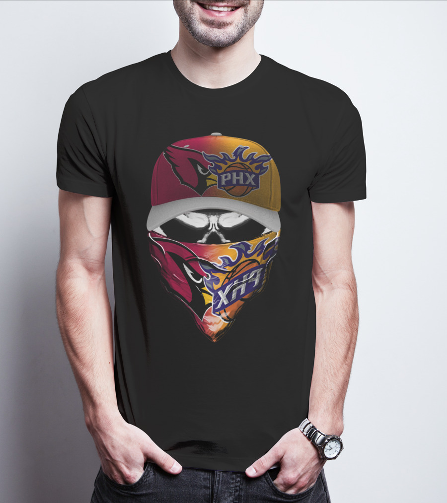Phx Cardinals Suns Crossover Flame Skull Headwear T-Shirt