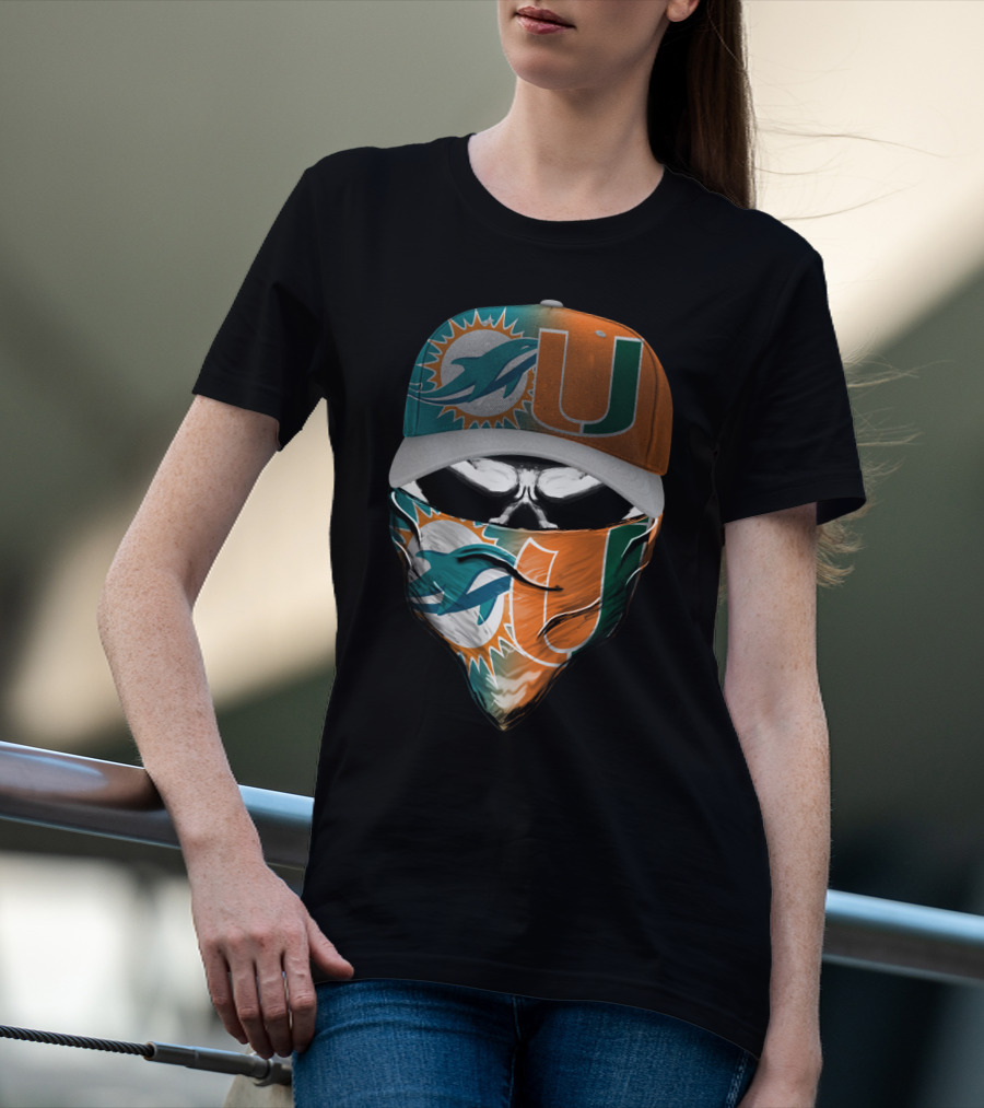 Miami Dolphins And University Of Miami Logo Face Mask And Cap Design Skull Style T-Shirt