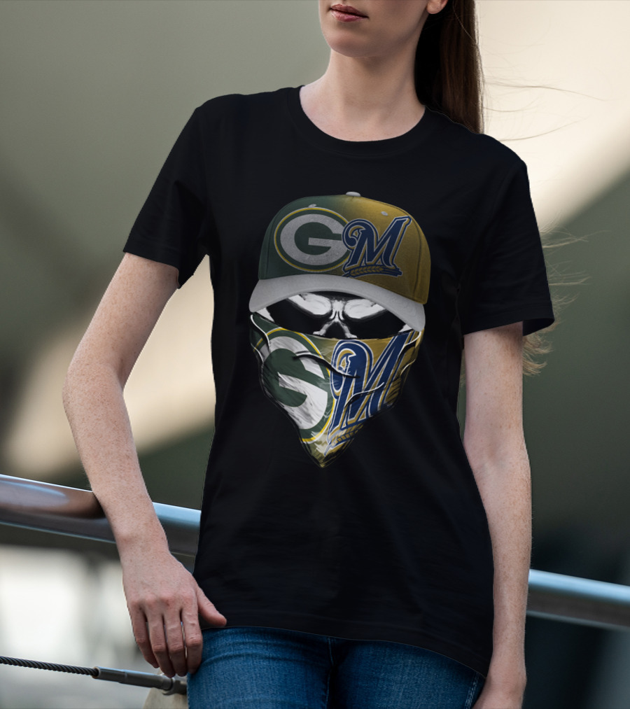 Green Bay Packers Milwaukee Brewers Skull Cap Bandana Blend T-Shirt