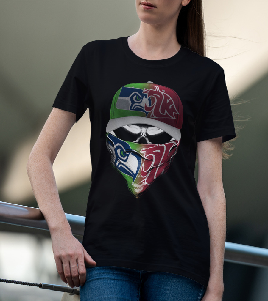 Seattle Seahawks Washington State Cougars Split Mask Hat T-Shirt