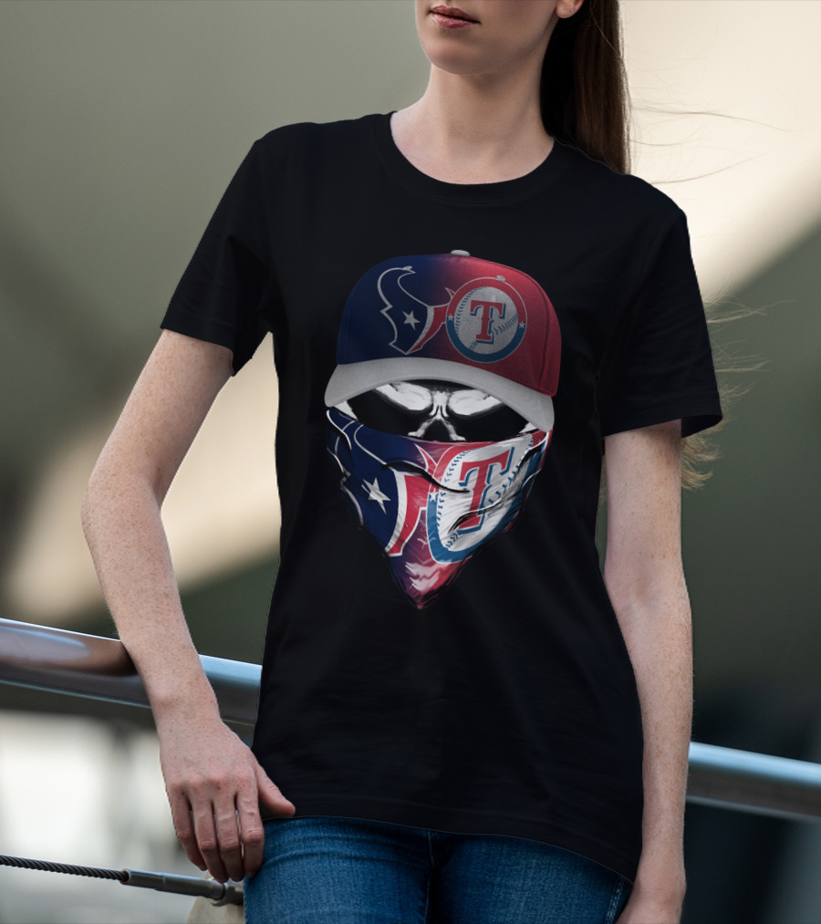 Houston Texans And Texas Rangers Skull Bandana Hat Dual Theme T-Shirt