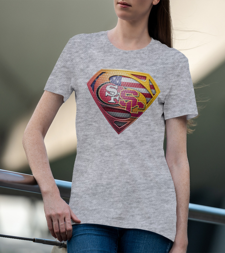 Superman Shield With San Francisco And Usc Logos Merged Over American Flag T-Shirt
