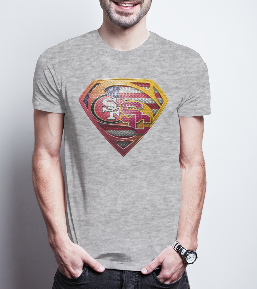Superman Shield With San Francisco And Usc Logos Merged Over American Flag T-Shirt