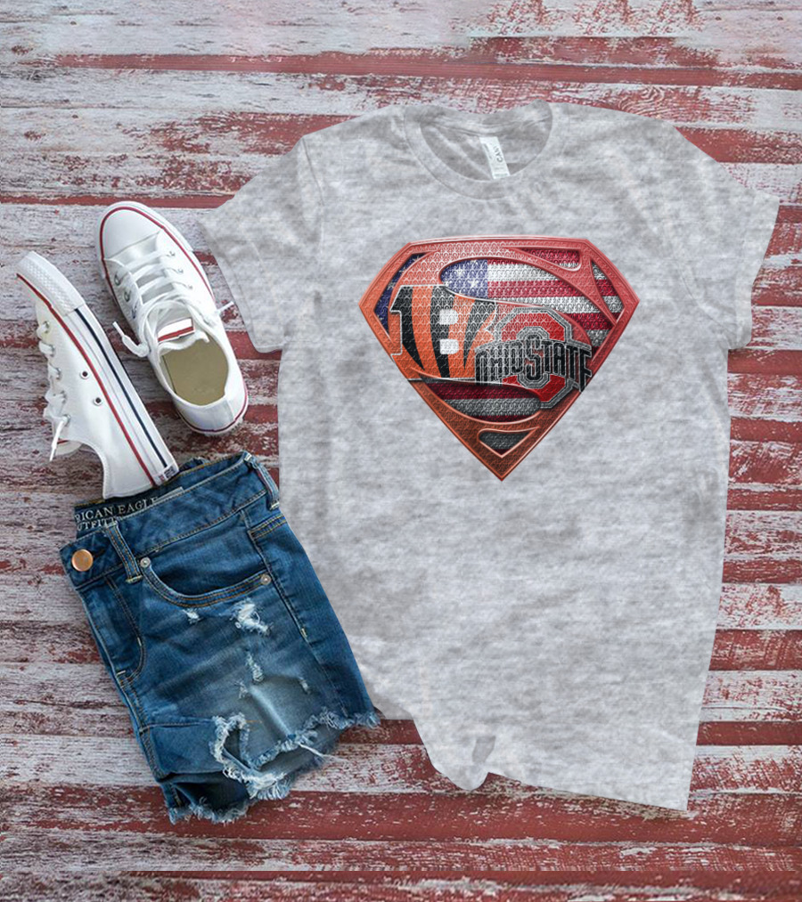 Superman Shield With Cincinnati Bengals Tiger Stripes Ohio State Logo And American Flag T-Shirt