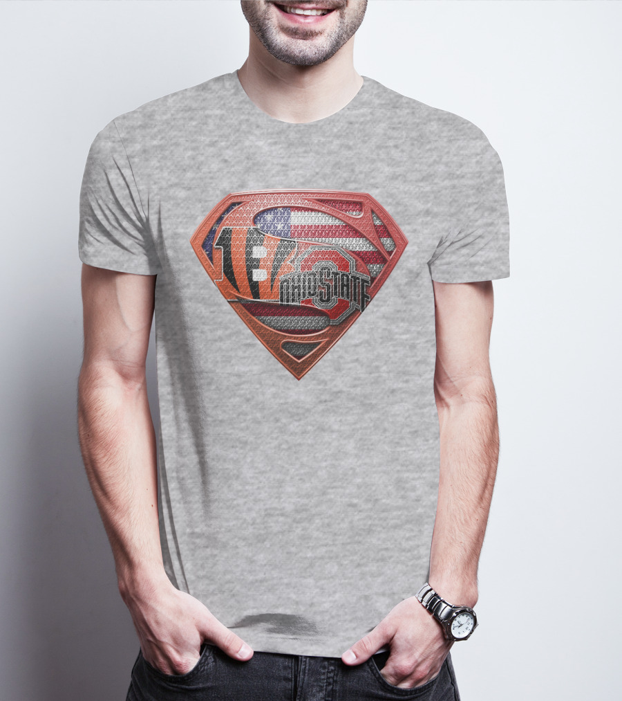 Superman Shield With Cincinnati Bengals Tiger Stripes Ohio State Logo And American Flag T-Shirt