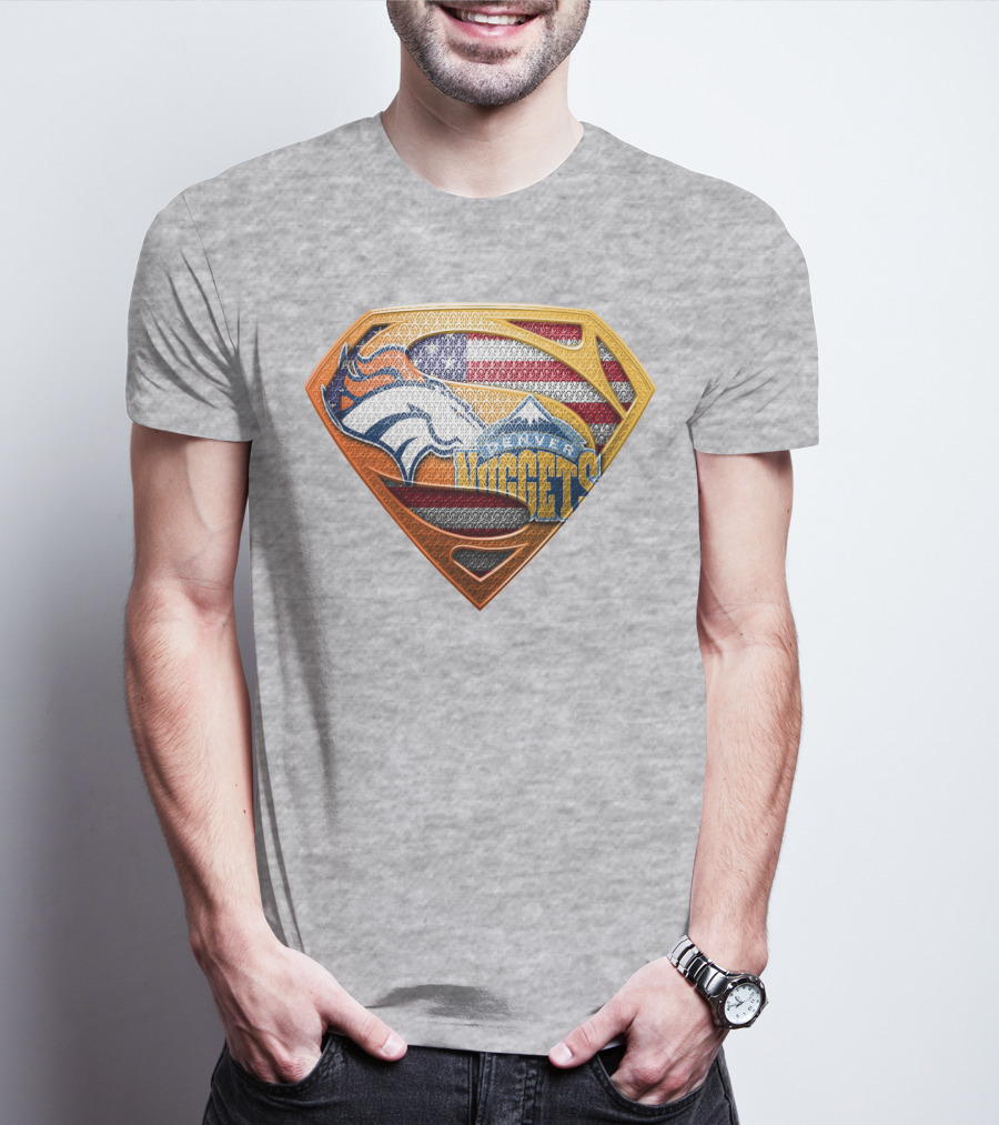 Denver Nuggets Broncos American Flag Super Hero Shield T-Shirt