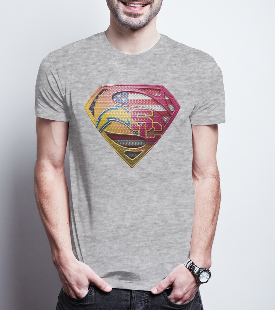 Superman Chargers Trojans American Flag Emblem On Gray T-Shirt