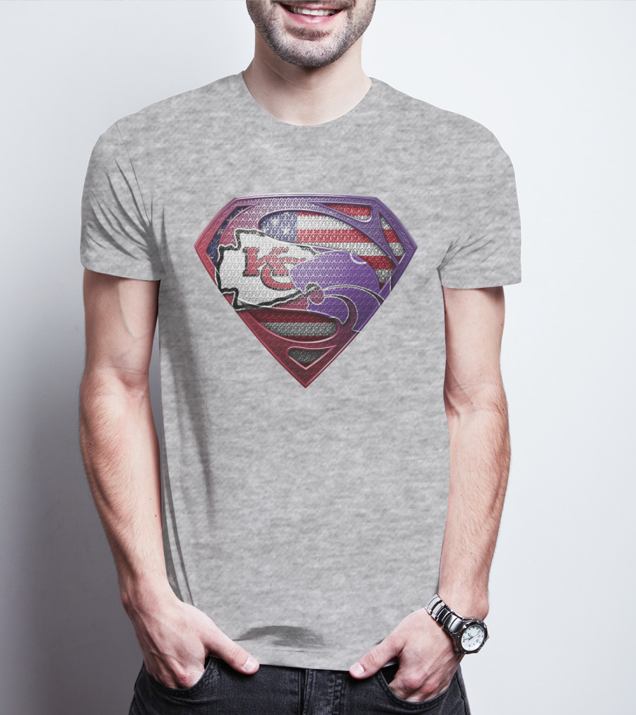Kansas City Chiefs Superman Logo With American Flag And Kansas Map T-Shirt