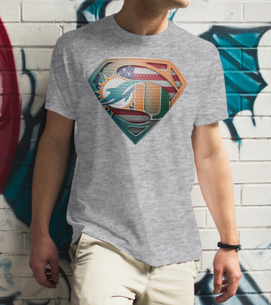 Miami Dolphins University Of Miami Superman Logo With American Flag T-Shirt