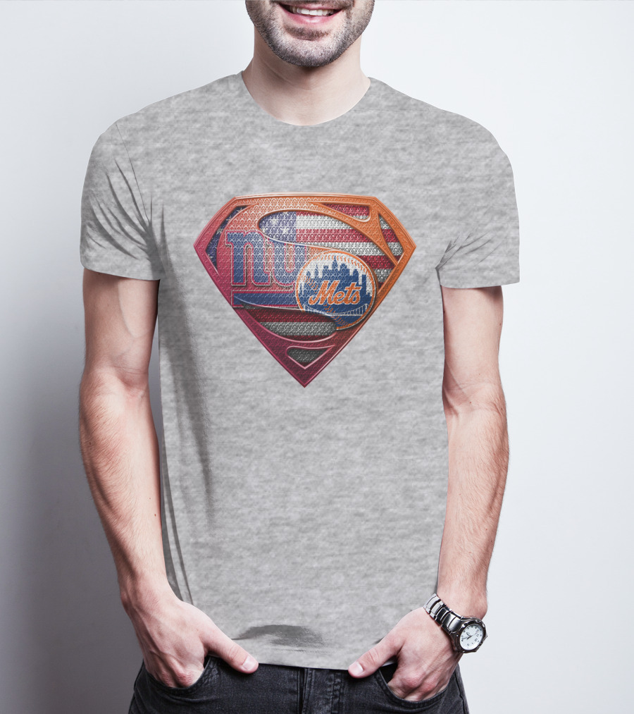Giants Mets Superman Logo American Flag T-Shirt