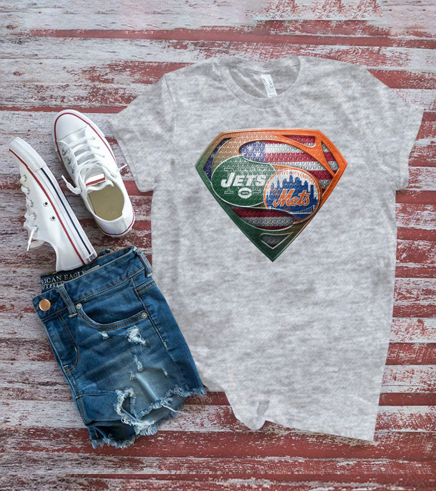 New York Jets Mets Logo With American Flag And Superman Shield T-Shirt