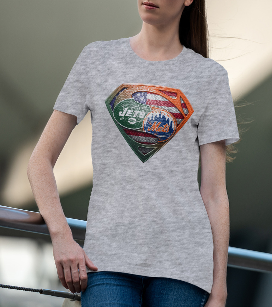 New York Jets Mets Logo With American Flag And Superman Shield T-Shirt