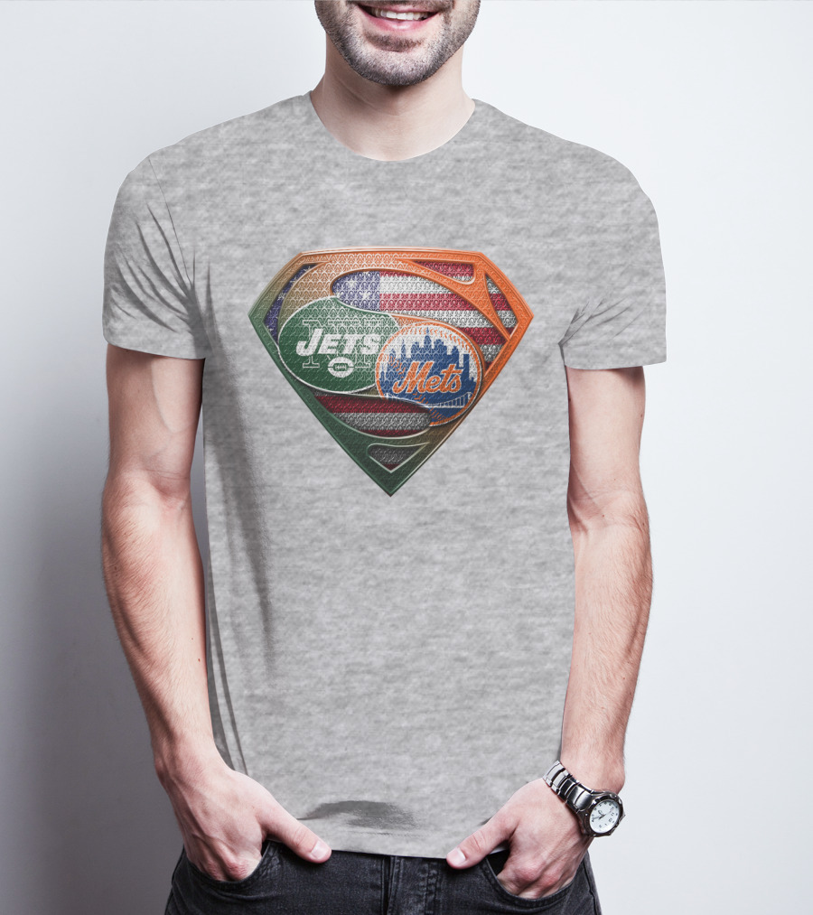 New York Jets Mets Logo With American Flag And Superman Shield T-Shirt