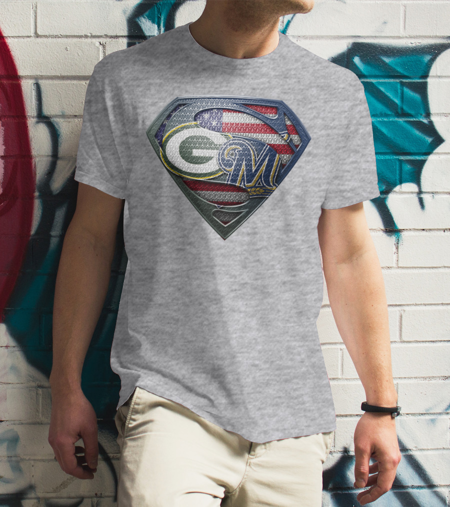 Green Bay Packers Milwaukee Brewers American Flag Superman T-Shirt