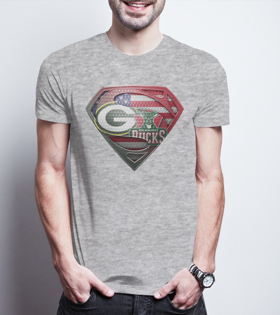 Green Bay Milwaukee Bucks Superman American Flag T-Shirt