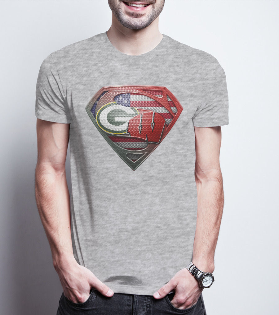 Green Bay Packers Wisconsin Badgers American Flag Superman Shield T-Shirt
