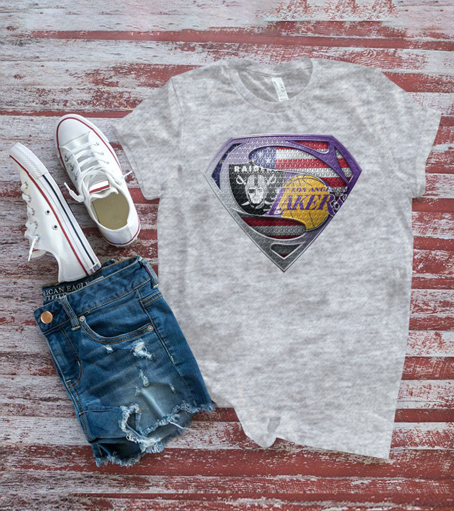 Los Angeles Lakers Raiders American Flag Superman Shield T-Shirt
