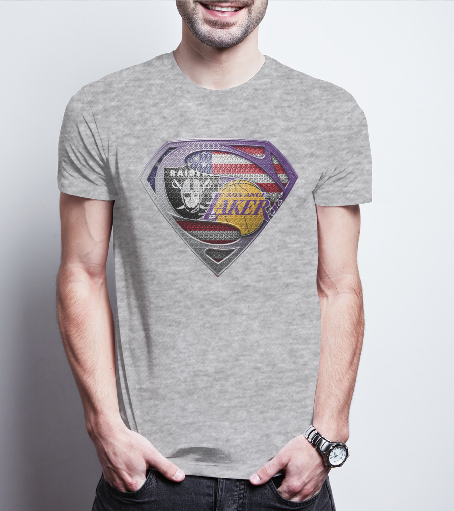 Los Angeles Lakers Raiders American Flag Superman Shield T-Shirt