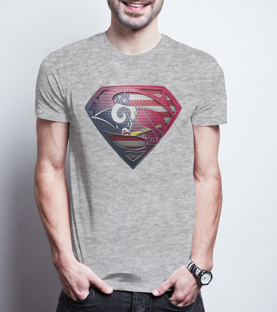 Superman Logo With St. Louis Rams And Cardinals Nfl And Mlb Team Fusion T-Shirt