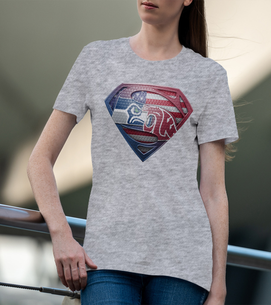 Seahawks Cougars Superman Shield Usa Flag T-Shirt