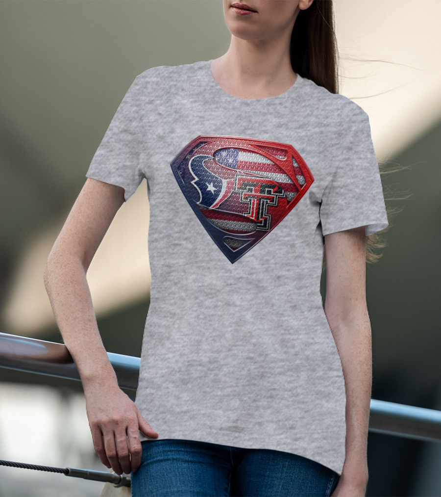 Superman Shield Texas Tech Red Raiders Houston Texans Usa Flag T-Shirt