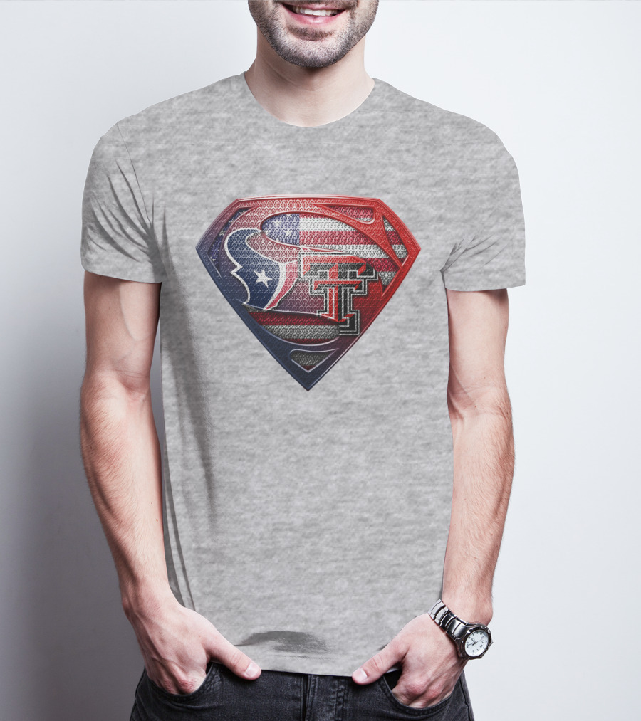 Superman Shield Texas Tech Red Raiders Houston Texans Usa Flag T-Shirt