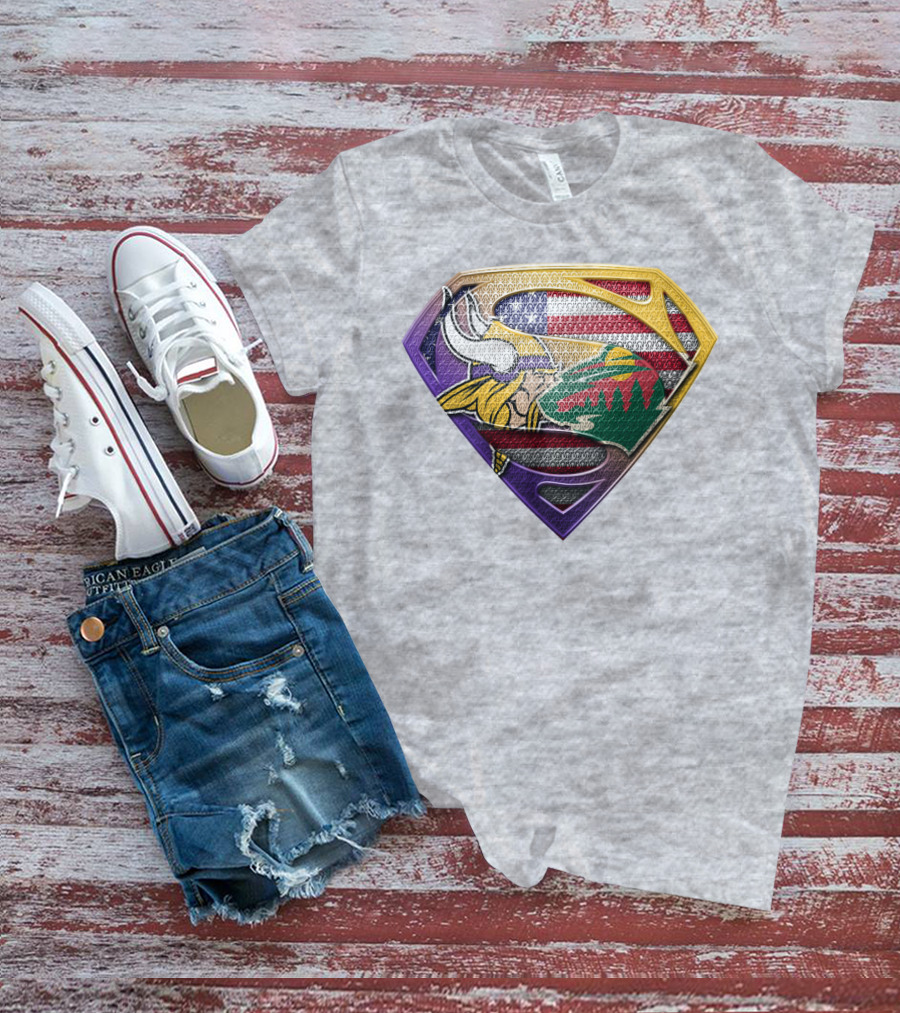 Superman Shield Minnesota Vikings Wild Usa Flag Combination T-Shirt