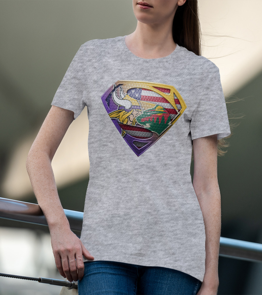 Superman Shield Minnesota Vikings Wild Usa Flag Combination T-Shirt