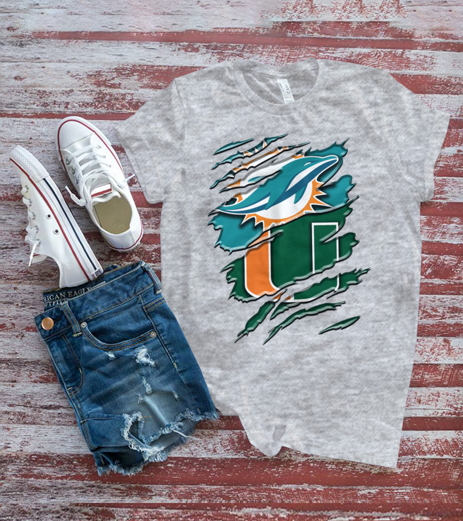 Miami Dolphins And University Of Miami Hurricanes Torn Design Rah 052 T-Shirt