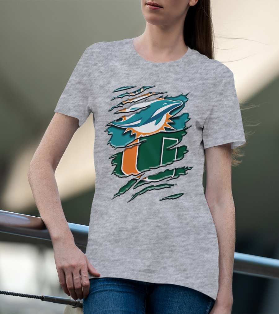 Miami Dolphins And University Of Miami Hurricanes Torn Design Rah 052 T-Shirt