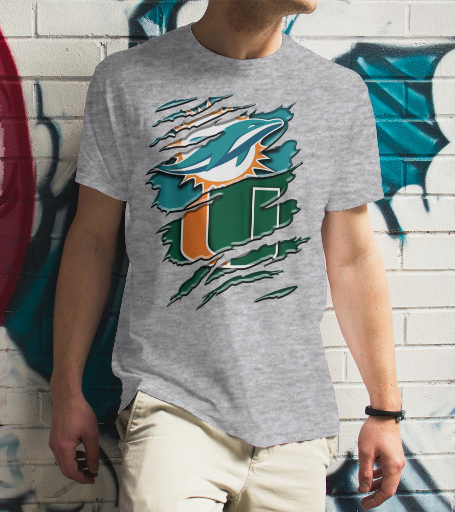 Miami Dolphins And University Of Miami Hurricanes Torn Design Rah 052 T-Shirt