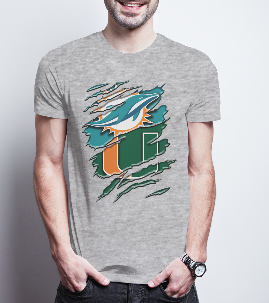 Miami Dolphins And University Of Miami Hurricanes Torn Design Rah 052 T-Shirt