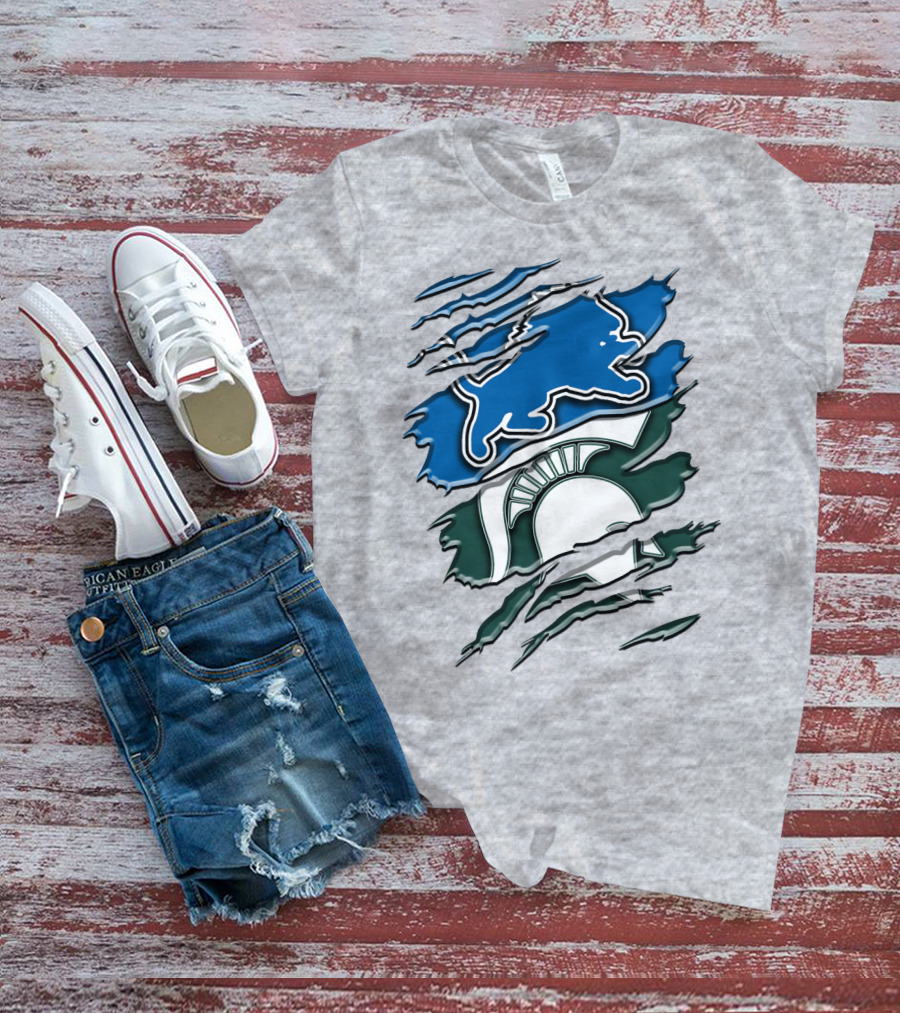 Detroit Lions Michigan State Spartans Ripped Claw Scratch Design Rah 076 T-Shirt