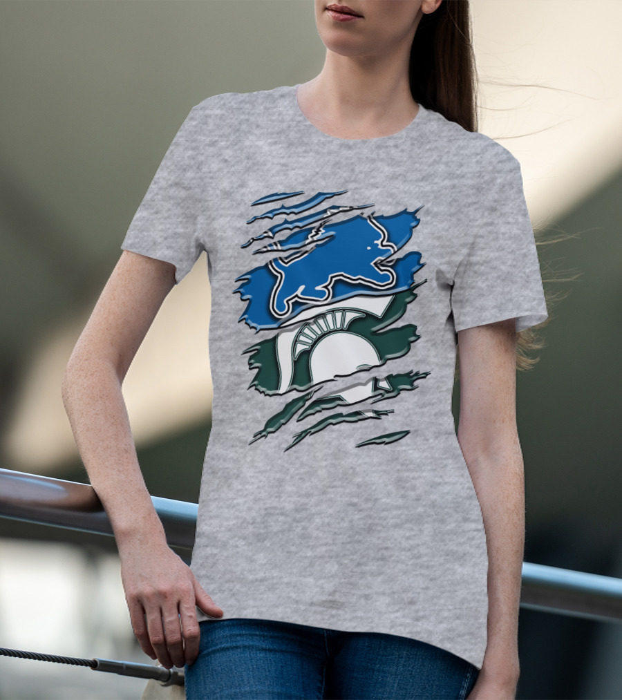 Detroit Lions Michigan State Spartans Ripped Claw Scratch Design Rah 076 T-Shirt