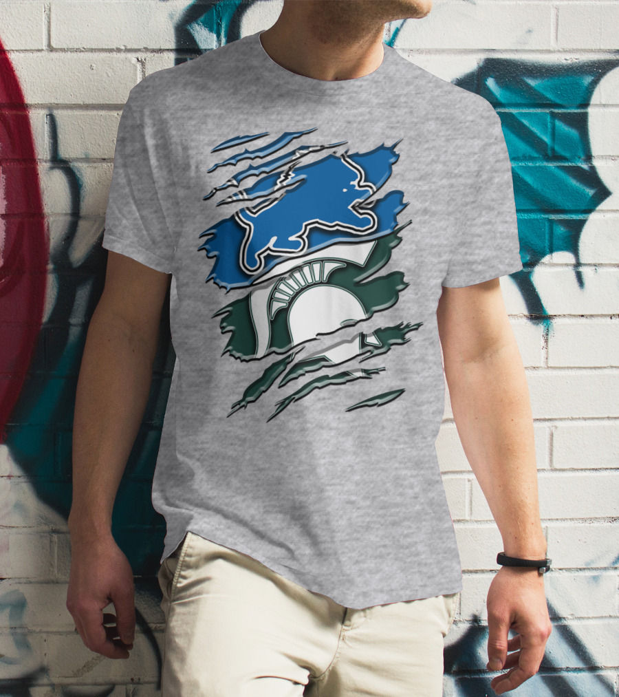 Detroit Lions Michigan State Spartans Ripped Claw Scratch Design Rah 076 T-Shirt