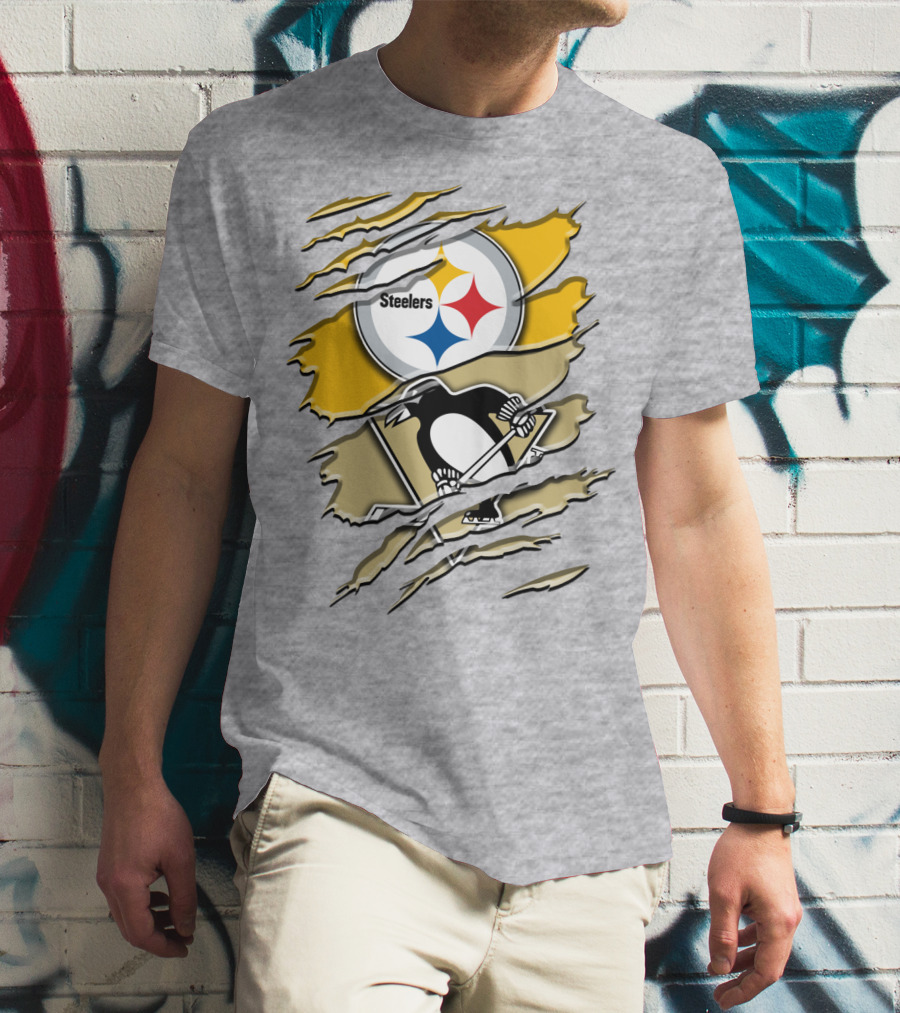 Steelers Penguins Torn Scratches Logo Collaboration T-Shirt