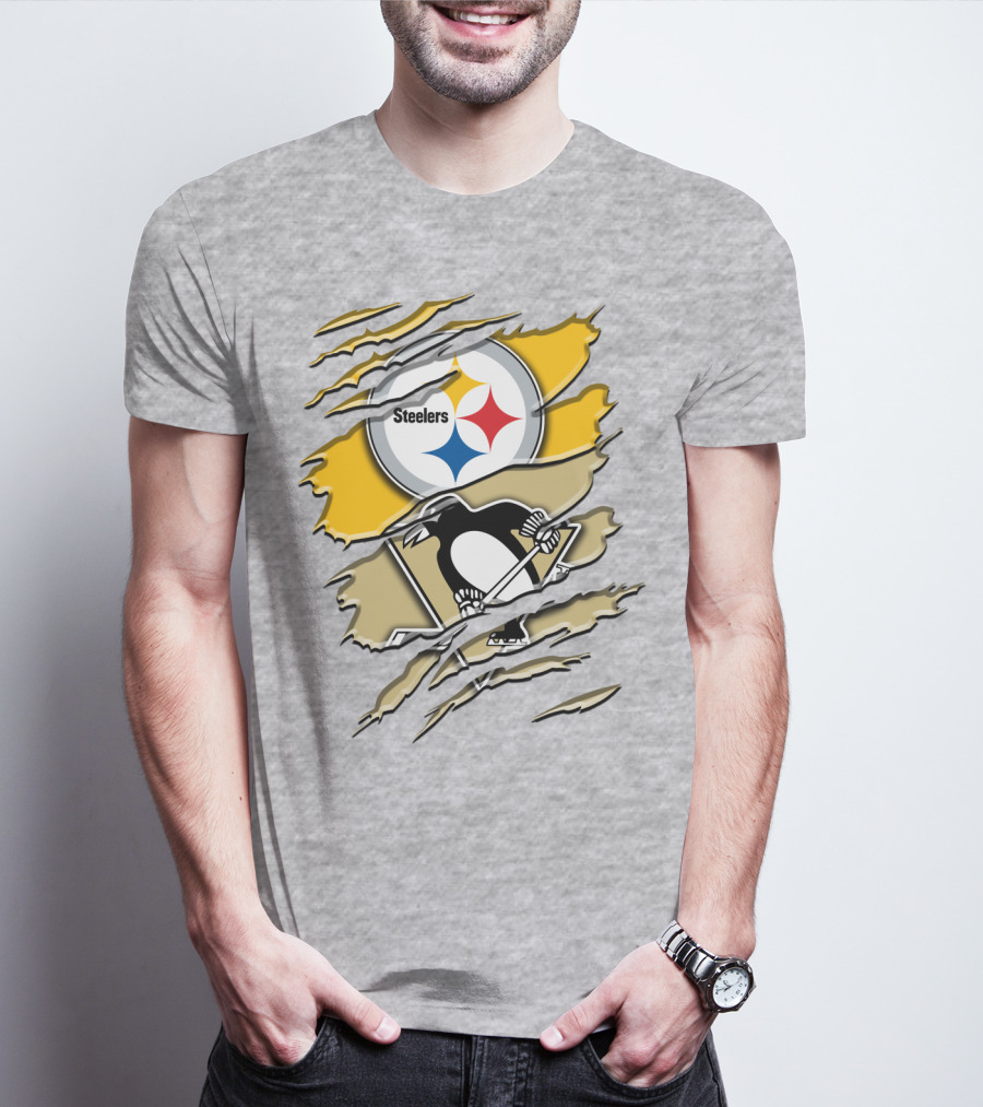 Steelers Penguins Torn Scratches Logo Collaboration T-Shirt