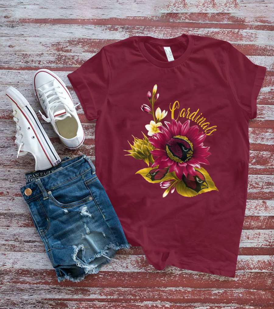 Cardinals Floral Sunflower And Bird Art On Red T-Shirt