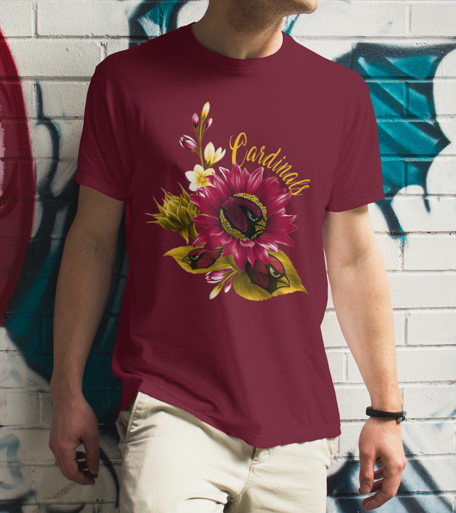 Cardinals Floral Sunflower And Bird Art On Red T-Shirt