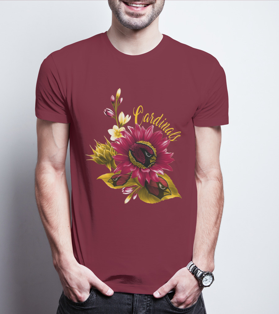 Cardinals Floral Sunflower And Bird Art On Red T-Shirt